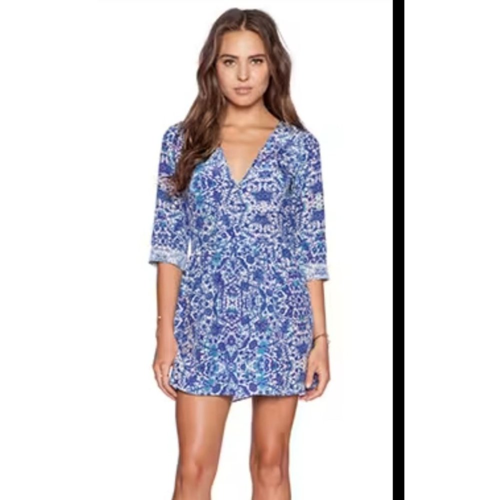 Rory Beca Blue Floral Print Silk Faux Wrap Mini Dress Blogger fav size Small